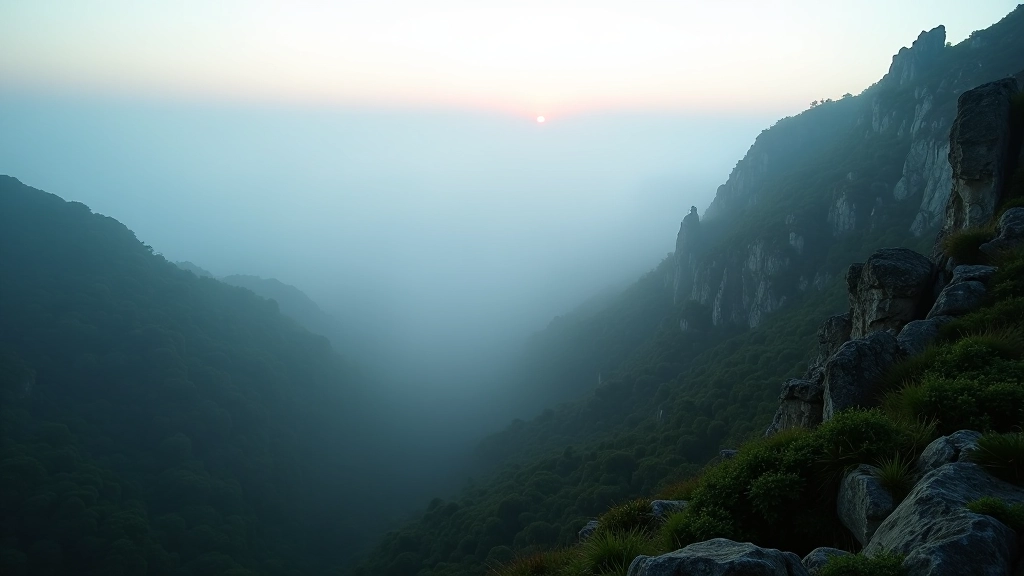 Paisagem montanhosa de Sintra com neblina ao amanhecer, rochas e vegetação densa