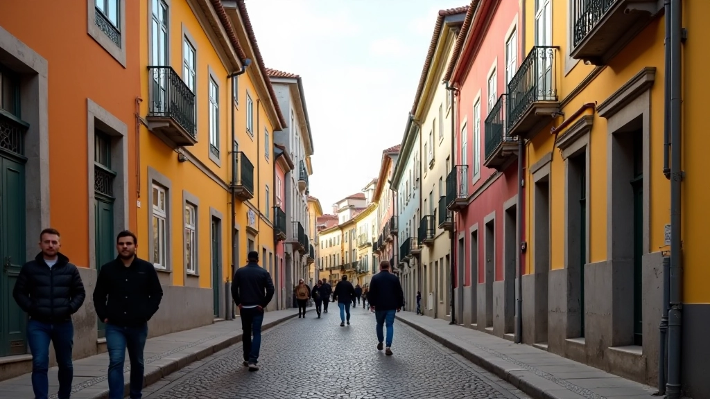 Rua movimentada em Porto com arquitetura colorida e luz natural